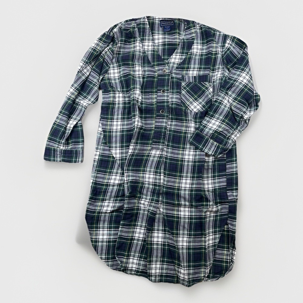 Charter Club Nightgown Women Petite Green Blue Tartanโ Plaid Button Up Flannel